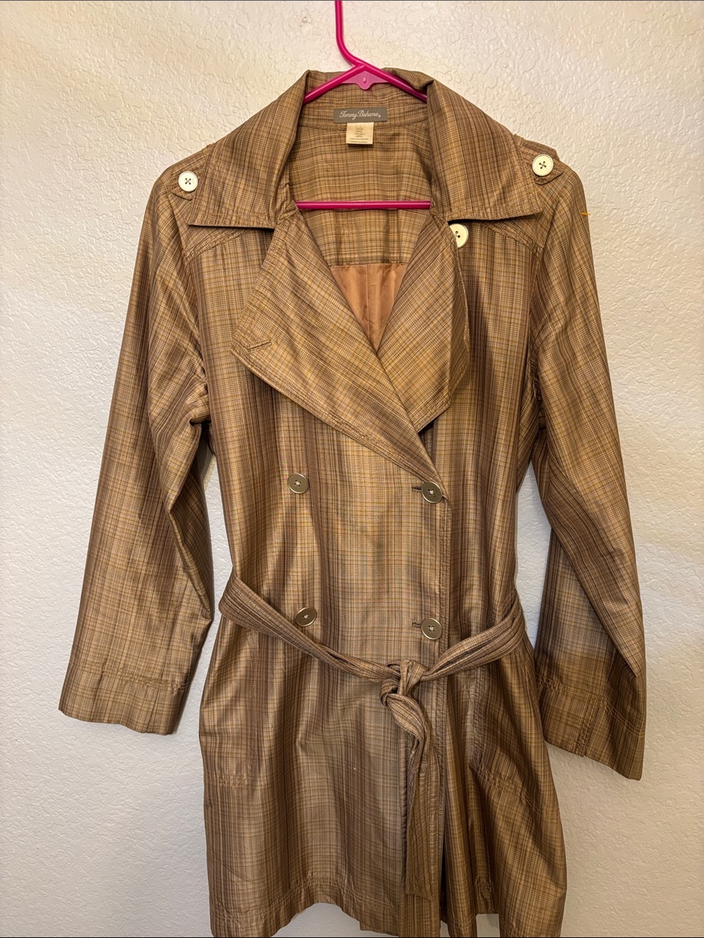 Tommy Bahama Tan Brown Plaid Double-Breasted Trench